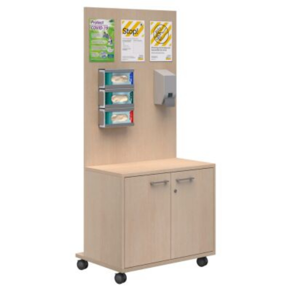 SANITIZATION STATION WITH BIN COMPARTMENT H1800 X L800 X D550MM CLASSIC OAK