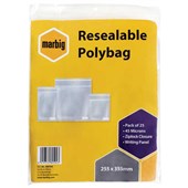 MARBIG PLASTIC BAG RESEALABLE 45MU W255 X L355MM CLEAR WITH WRITING PANEL PACK 25