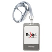 REXEL ID CARD HOLDER ALUMINIUM PORTRAIT WITH LANYARD SILVER