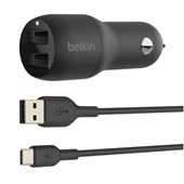 BELKIN BOOST CHARGE DUAL USBA TO USBC CAR CHARGER CABLE 24W BLACK