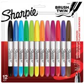 SHARPIE TWIN BRUSH PERMANENT MARKERS ASSORTED PACK 12
