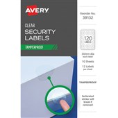 AVERY TAMPER PROOF LABEL 39132 CLEAR DOT 30MM 12UP 10 SHEETS