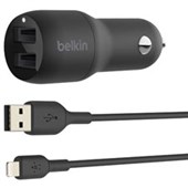 BELKIN BOOST CHARGE DUAL LIGHTNING TO USBA CAR CHARGER CABLE 24W BLACK