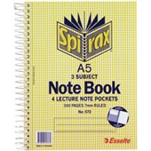 SPIRAX 572 NOTEBOOK 7MM RULED SPIRAL BOUND SIDE OPEN 4 POCKETS 300 PAGE A5